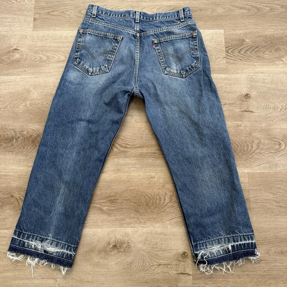 Vintage Y2K Levis 505 Distressed Cutoff Raw Hem Jeans Tag 34x30 Fits 32x26 Blue